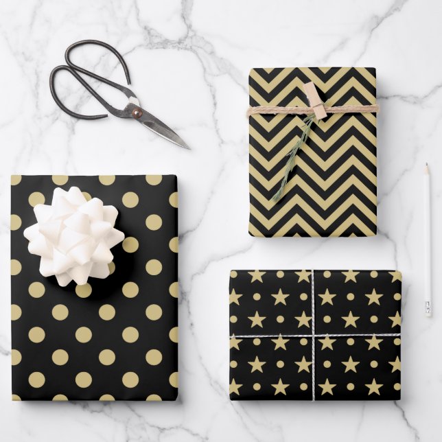 ZigZag Stars Muster für schwarze und goldene Fleck Geschenkpapier Set (Vorderseite)