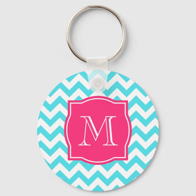 Zigzag Türkis und rosa Monogramm Schlüsselanhänger (Vorderseite)