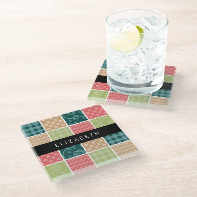 Zigzag, Zickzack, Gingham, Polka Dots, Ihr Name Glasuntersetzer (Schrägansicht)