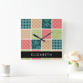 Zigzag, Zickzack, Gingham, Polka Dots, Ihr Name Quadratische Wanduhr