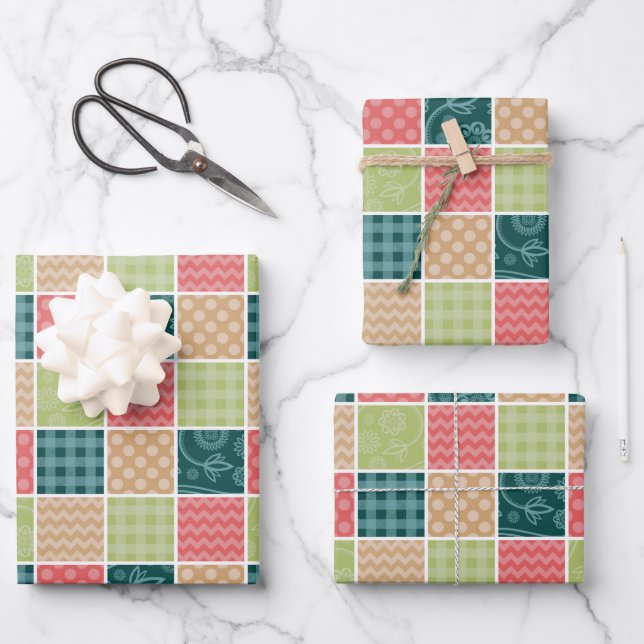 Zigzag, Zickzack, Gingham, Polka Dots, Patchwork Geschenkpapier Set (Vorderseite)