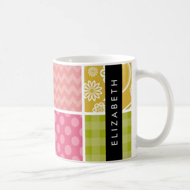 Zigzag, Zickzack, Polka Dots, Gingham, Ihr Name Kaffeetasse (Rechts)