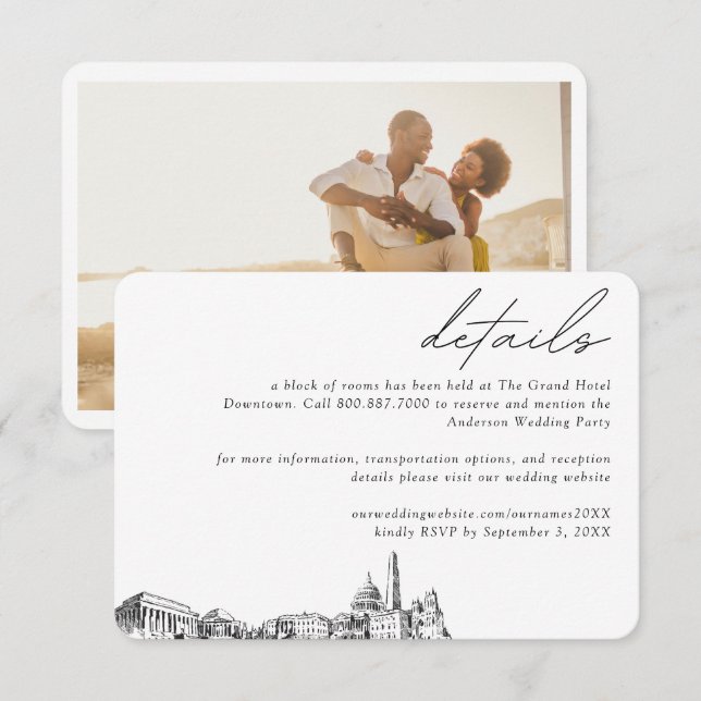 Zimmerdetails des Washington DC Wedding Hotels Begleitkarte (Vorne/Hinten)