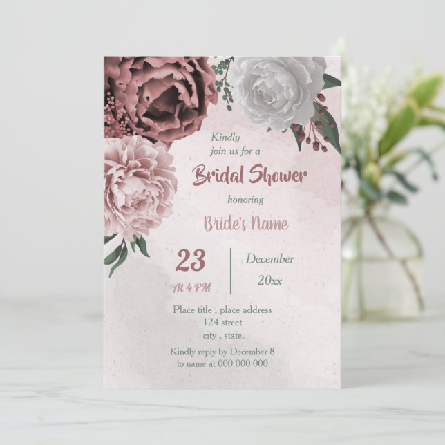 Zimt Rose Weiß Blumengrün Brautparty Einladung (Stehend Vorderseite)