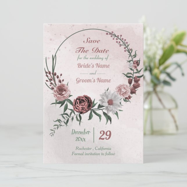 Zimt-Rose, weißer Blumenkranz Save The Date (Stehend Vorderseite)