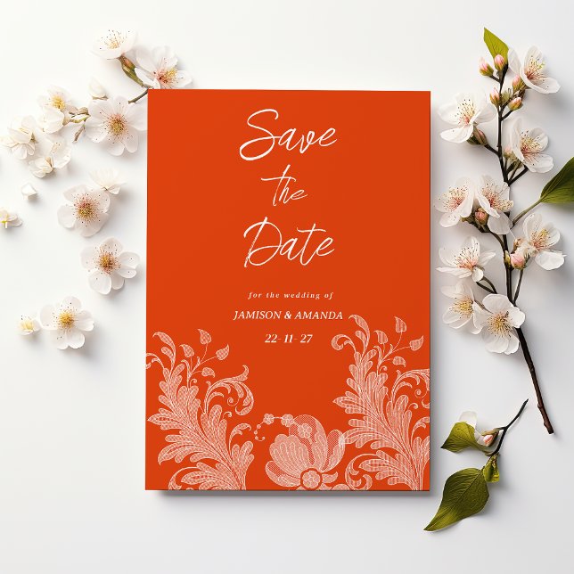 Zimtblütenspitze Save the Date Einladung (Cinnamon orange white floral lace Save The Date)