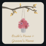 Zinn-Dose aus roten Blumen Fall Hochzeit Quadratischer Aufkleber<br><div class="desc">Im Freien fällt ein Hochzeitsaufkleber mit einer Abbildung einer Dose,  die mit roten Blumen gefüllt ist,  die an einem Baumzweig mit Herbstblättern hängen. Personalisieren Sie den Text mit Ihren Namen.</div>
