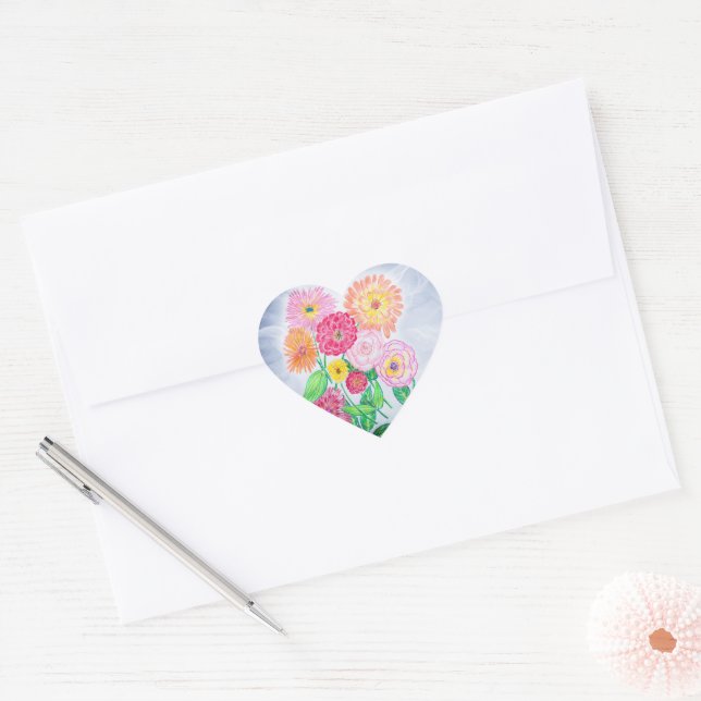 Zinnia Blume Kunst, Dichtung und Musik Herz-Aufkleber (Umschlag)