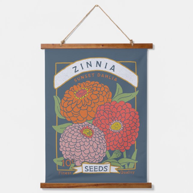 Zinnia Blume Seed Packet (weiche Marine) Wandteppich Mit Holzrahmen (Vorderseite)