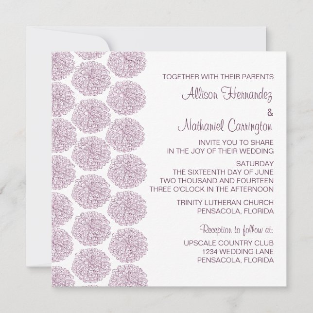 Zinnia Border Wedding Einladung, Lila Einladung (Vorderseite)