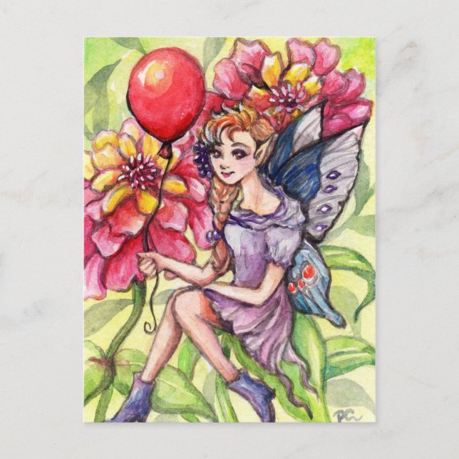 Zinnia Fairy mit Red Balloon Postkarte (Vorderseite)