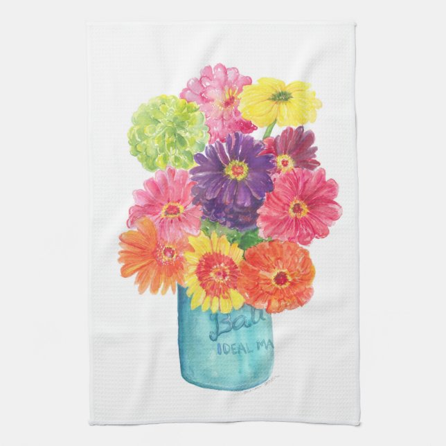 Zinnias im blauen einmachenden Glas-Geschirrtuch Handtuch (Vertikal)