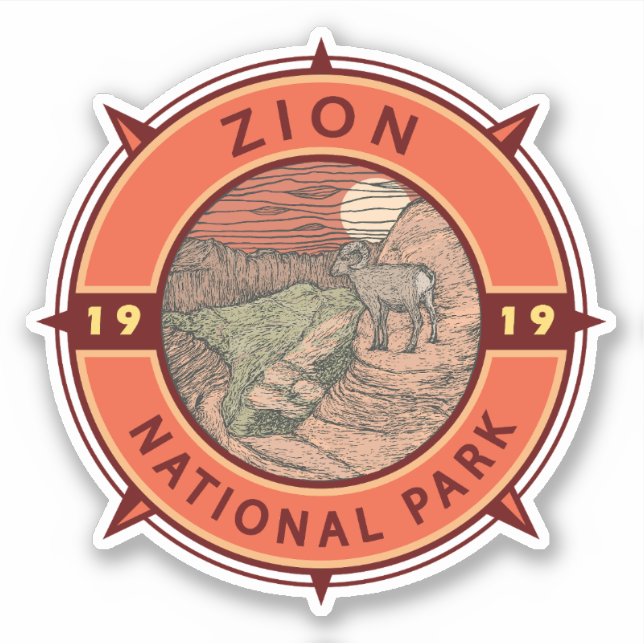 Zion National Park Bighorn Sheep Retro Kompass Aufkleber (Vorderseite)