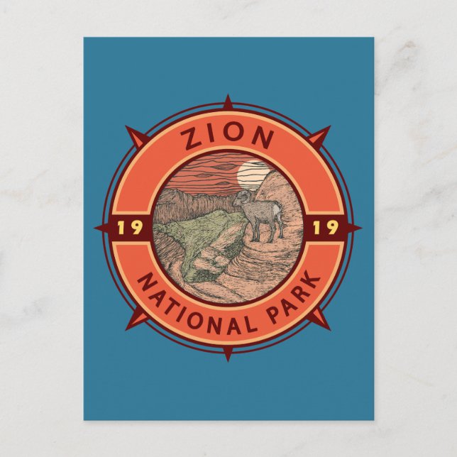 Zion National Park Bighorn Sheep Retro Kompass Postkarte (Vorderseite)