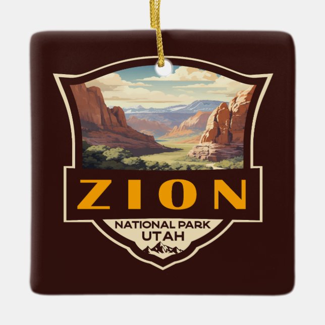 Zion National Park Illustration Retro Abzeichen Keramikornament (Vorderseite)