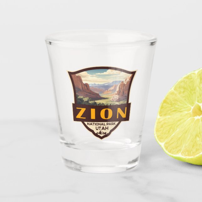 Zion National Park Illustration Retro Abzeichen Schnapsglas (Vorderseite)