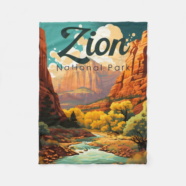 Zion National Park Illustration Retro Fleecedecke (Vorderseite)
