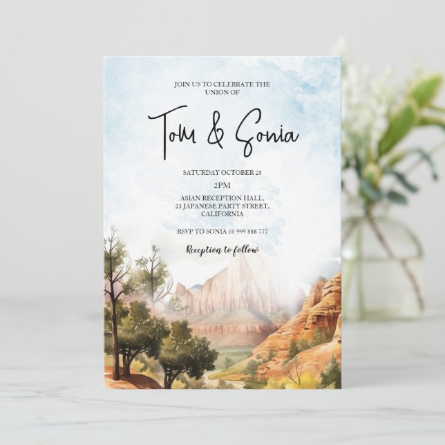 Zion National Park Outdoor Adventure Wedding Einladung (Stehend Vorderseite)
