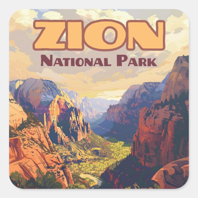 Zion National Park Utah Moab Canyon Retro Quadratischer Aufkleber (Vorderseite)
