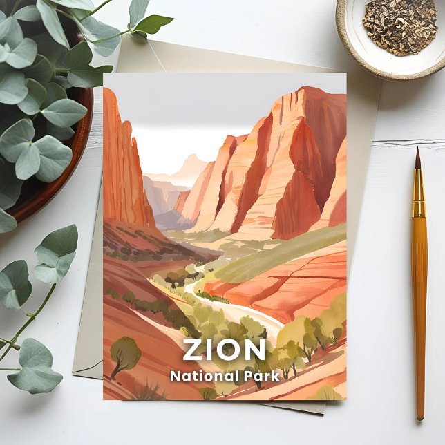 Zion-Nationalpark | Travel Watercolor Valley Postkarte (Von Creator hochgeladen)