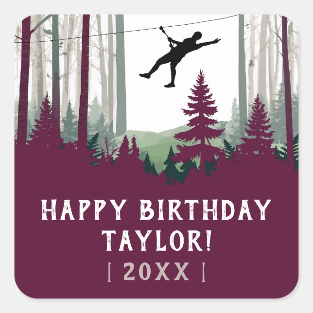 Zipline Nature Adventure Burgundy Forest Birthday Quadratischer Aufkleber (Vorderseite)