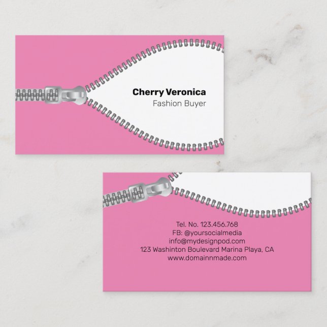 Zipper Business Card für die rosafarbene Mode Visitenkarte (Vorne/Hinten)