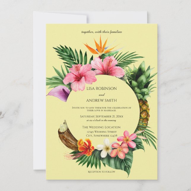 Zirkale Hochzeit von tropischer Hawaiianflora-Gelb Einladung (Vorderseite)