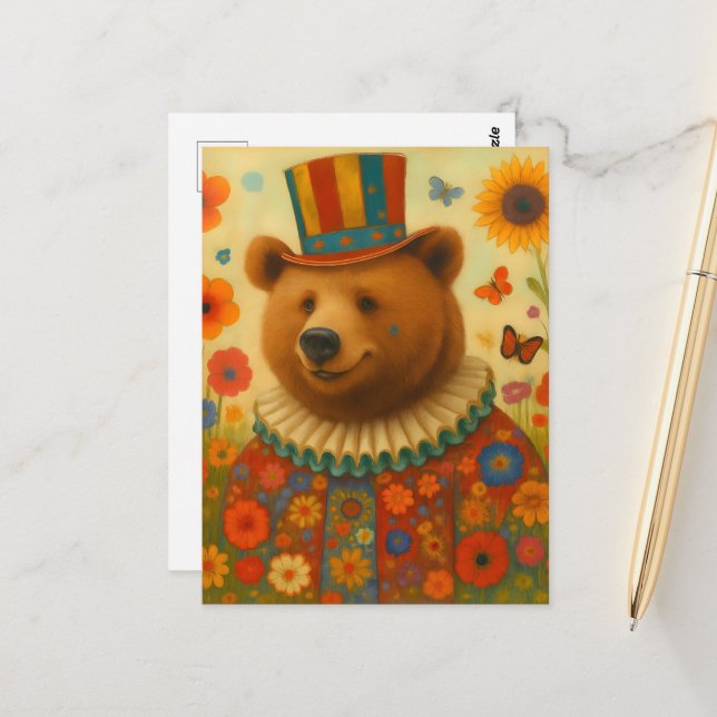 Zirkusbär in Blumen Postkarte (Vorderseite/Rückseite Beispiel)