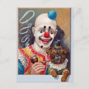 Zirkusclown mit seinem Zirkus-Pug-Hund Postkarte