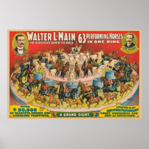 Zirkusplakat mit 63 auftretenden Pferden in einer Poster