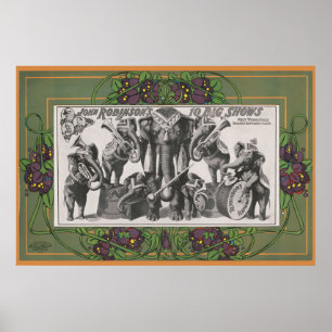 Zirkusplakat mit Elefanten, die Instrumente spiele Poster