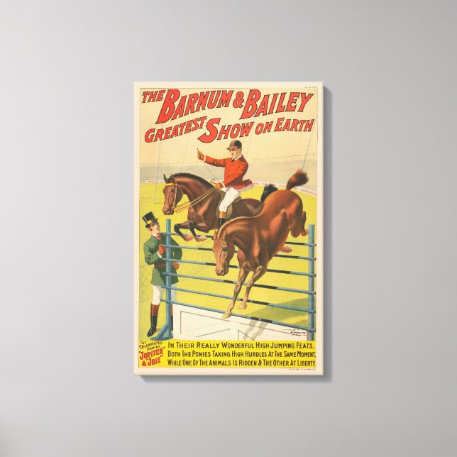 Zirkusposter mit 2 Ponys, die über ein Hindernis s Leinwanddruck (Vorderseite)