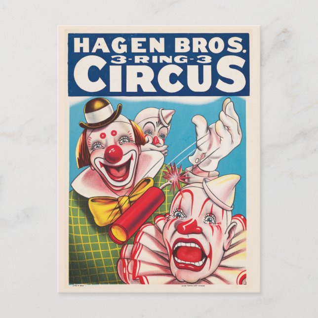 Zirkusposter mit Clown-Gesichtern und Feuerriss Postkarte (Vorderseite)