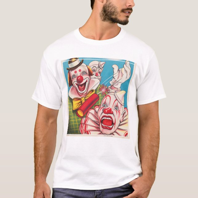 Zirkusposter mit Clown-Gesichtern und Feuerriss T-Shirt (Vorderseite)