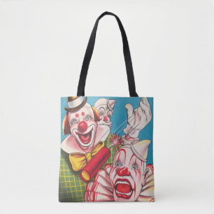 Zirkusposter mit Clown-Gesichtern und Feuerriss Tasche