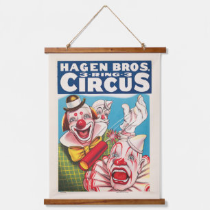 Zirkusposter mit Clown-Gesichtern und Feuerriss Wandteppich Mit Holzrahmen