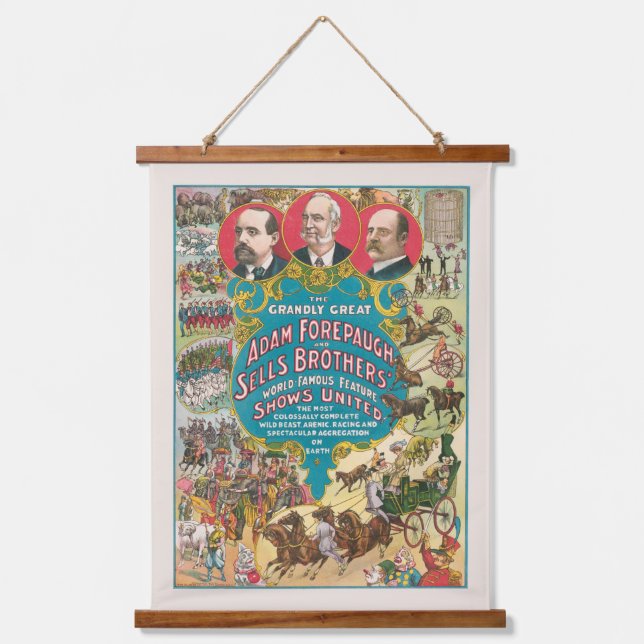 Zirkusposter mit vielen Zirkusszenen Wandteppich Mit Holzrahmen (Vorderseite)