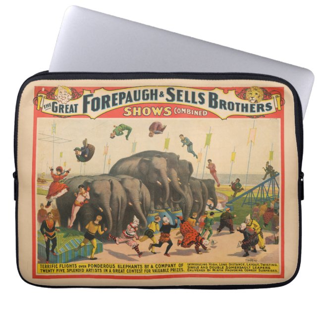 Zirkusposter von Acrobaten, die über Elefanten spr Laptopschutzhülle (Vorderseite)