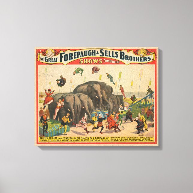 Zirkusposter von Acrobaten, die über Elefanten spr Leinwanddruck (Vorderseite)
