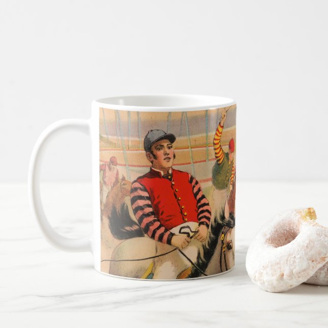 Zirkusposter von Jockeys auf Pferden, die eine Hec Kaffeetasse (Mit Donut)