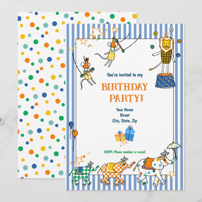 Zirkustiere Einladungen zum Geburtstag (Vorne/Hinten)