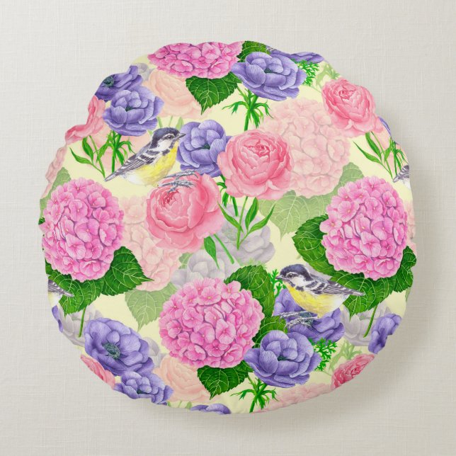 Zistvogel und Blume Rundes Kissen (Vorderseite)