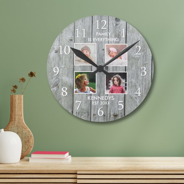 Zitat für graues Holz 4-Collage Familienname Runde Wanduhr (Gray Wood 4 Photo Collage Family Name Quote Round Clock)