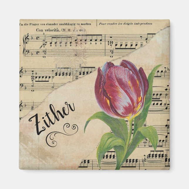 Zither Elegant Tulip Vintage Noten Magnet (Vorne)