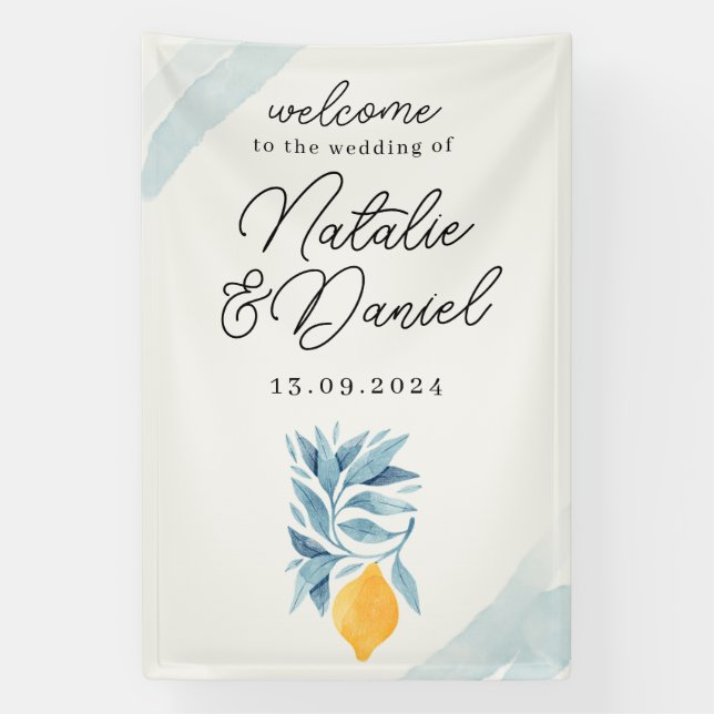 Zitrone mit blauen Blätter botanische Abbildung Banner (Vertikal)