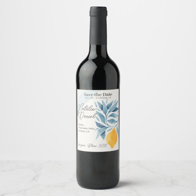 Zitrone mit blauen Blätter botanische Abbildung Weinetikett (Vorderseite)