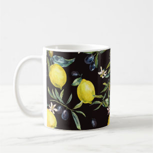Zitrone, Olivenzweige: Aquarellmuster. Kaffeetasse