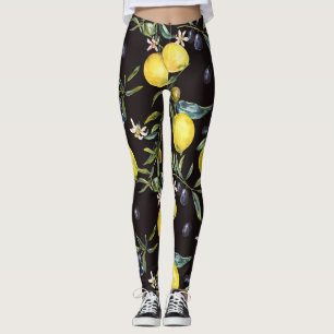 Zitrone, Olivenzweige: Wasserfarbenmuster. Leggings