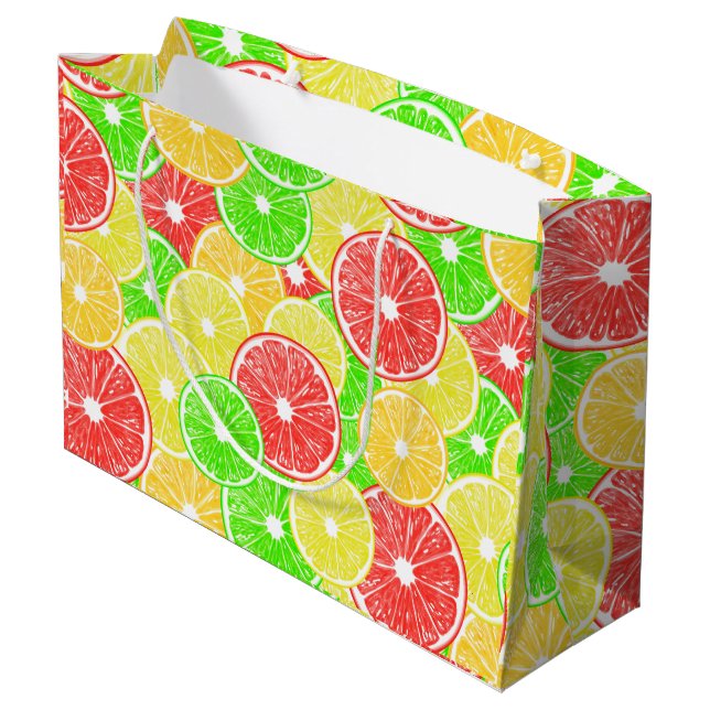 Zitrone, Orange, Grapefruit und Limone Scheiben Große Geschenktüte (Rückseite Schrägansicht)