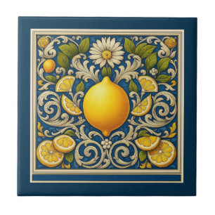 Zitronen Almafi Blau Mediterrane Art Nouveau Fliese